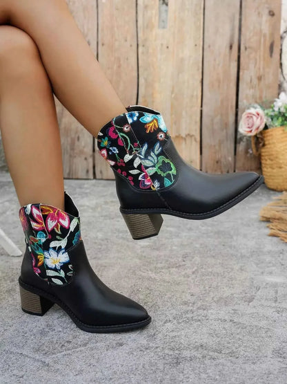 Floral Embroidered Leather Western : Ankle Boots