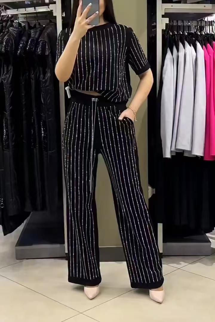 豎條紋水鑽上衣兩件套