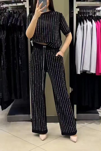豎條紋水鑽上衣兩件套