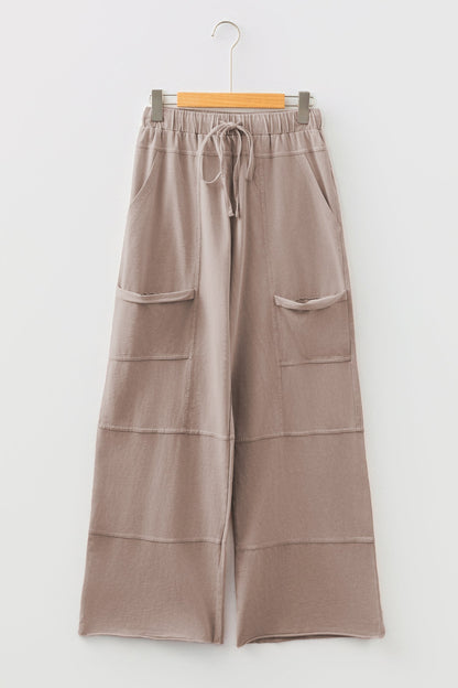 Smoke Gray Mineral Wash Exposed Seam Drawstring Elastic Waistband Wide Leg Cargo Pants