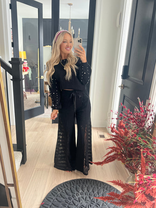 黑色蕾絲闊腿褲