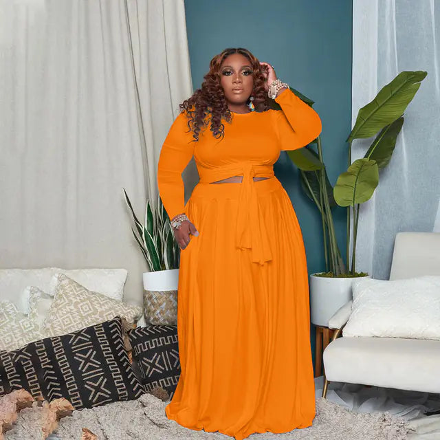 大尺碼女士性感兩件式裙裝，長袖