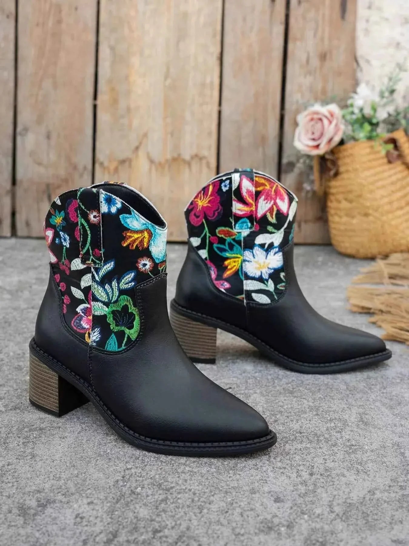 Floral Embroidered Leather Western : Ankle Boots