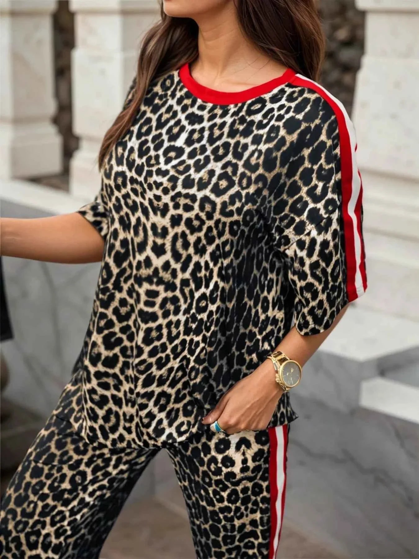 Leopard Round Neck Top and Pants Two-Piece Set