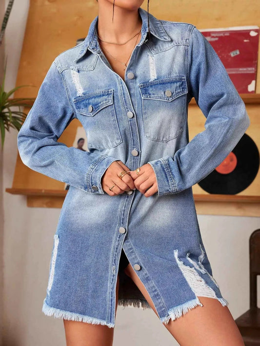 Distressed Raw Hem Denim Mini Dress