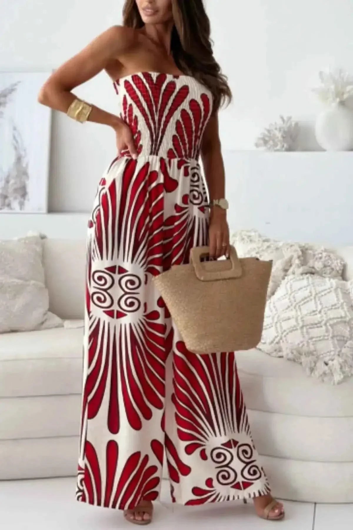 Printed Smocked : Tube Wide Leg Jumpsuit