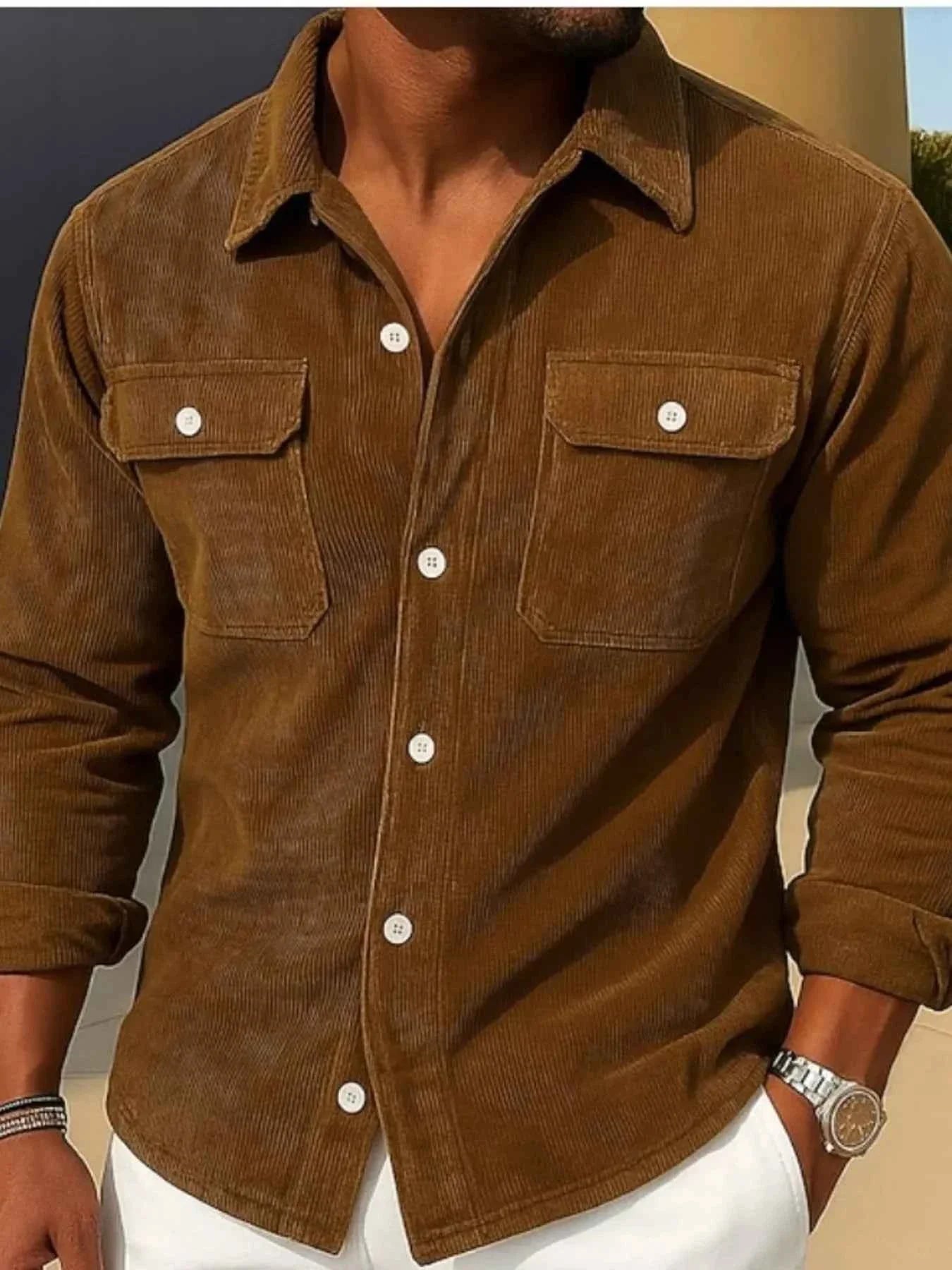 Men's Full Size Corduroy Long Sleeve Button-Down Shirt Plus Size