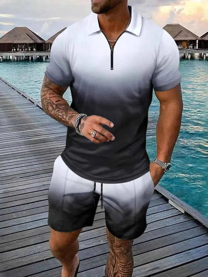 Men's Gradient Outfit + Pocketed Drawstring Shorts Set - Plus Size