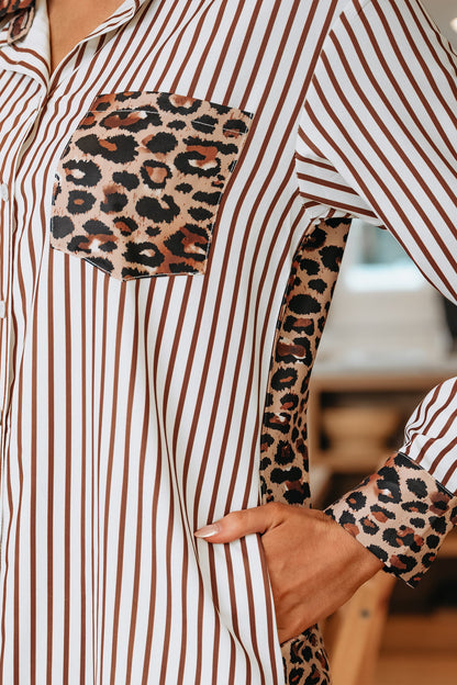 Brown Stripe Contrast Leopard Patchwork Long Shirt Dress with Slits