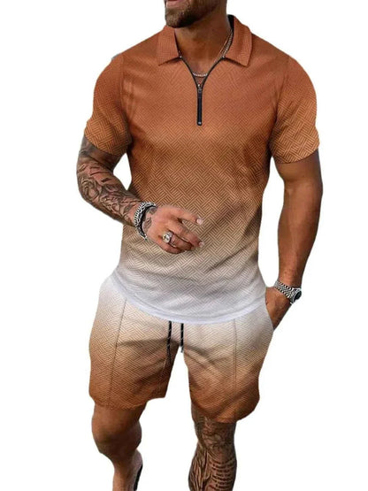 Men's Gradient Outfit + Pocketed Drawstring Shorts Set - Plus Size
