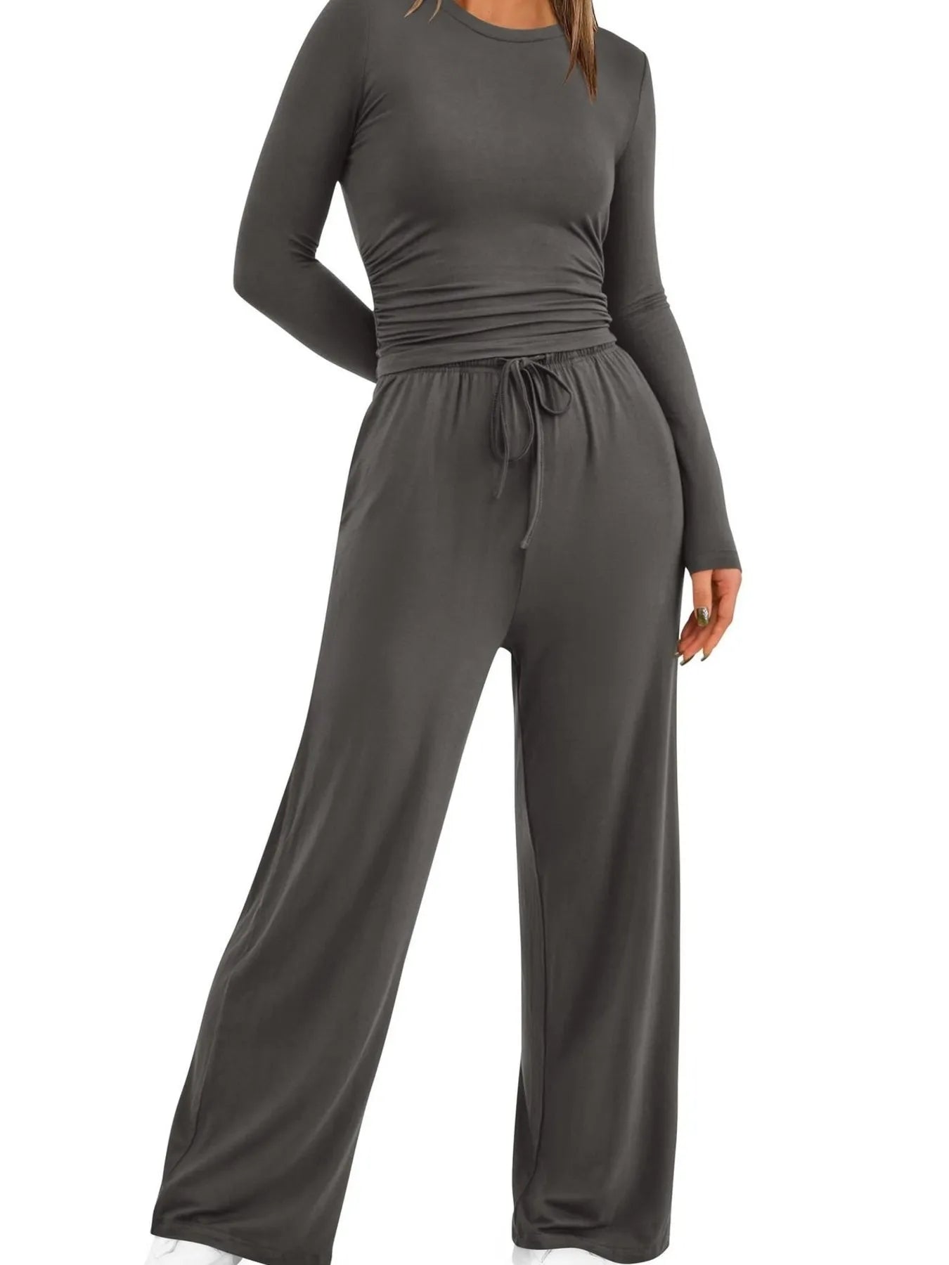 Round Neck Long Sleeve Top and Pants Set