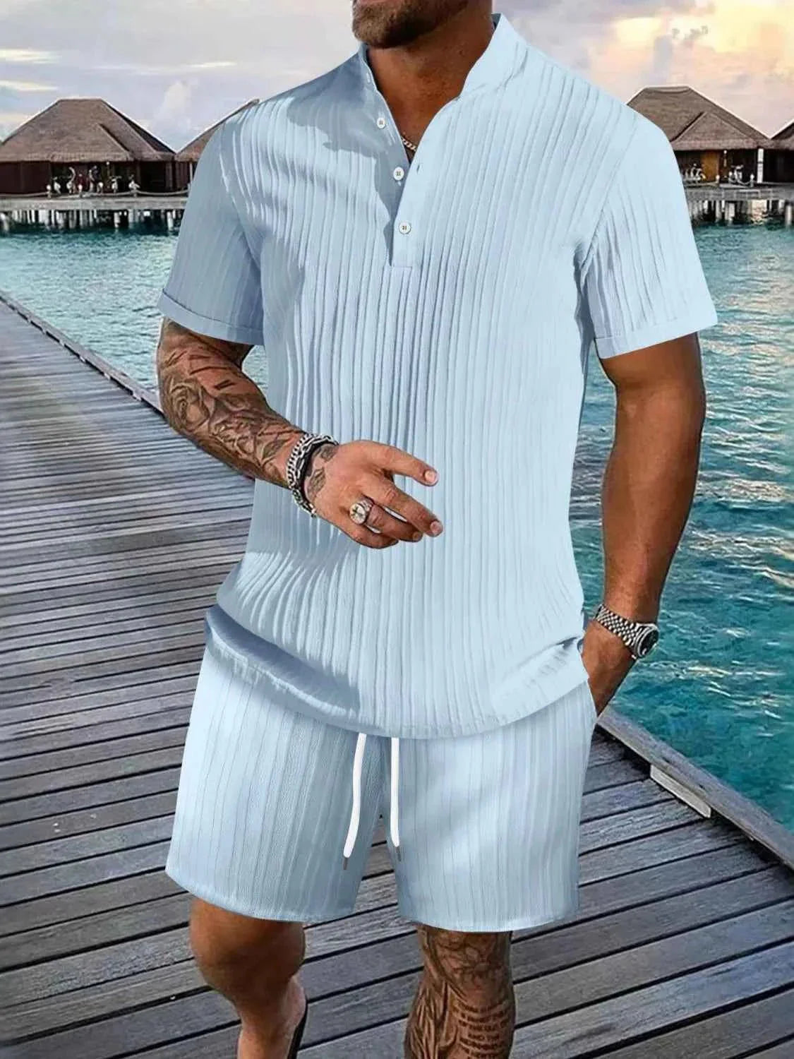 Men's Plus Size Short Sleeve Shirt and Shorts Set - Two Piece Summer Outfit