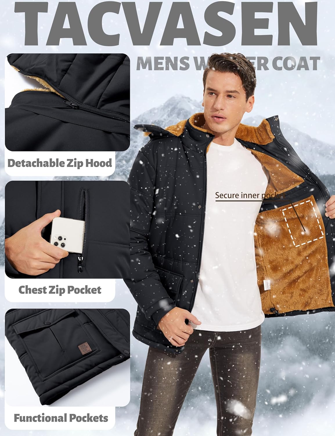 Chaqueta de invierno para hombre con capucha, impermeable, resistente al viento, gruesa, parka, abrigo de invierno