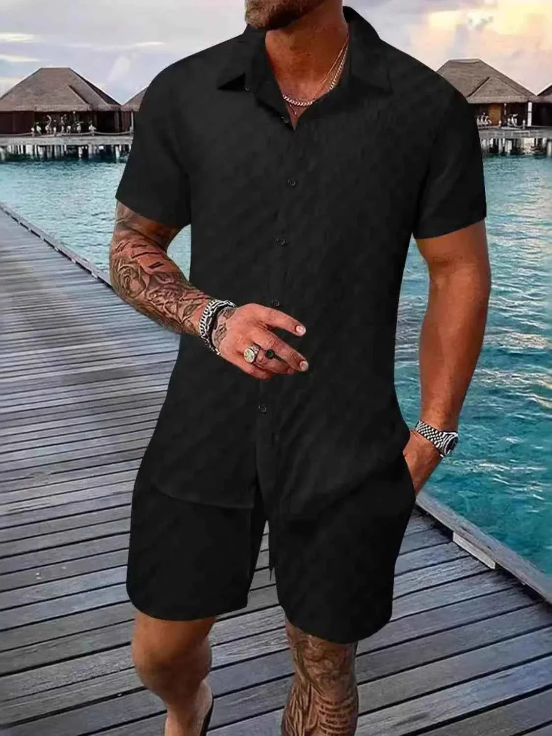 Men's Full Size Collared Neck Short Sleeve Top and Shorts Set Plus Size