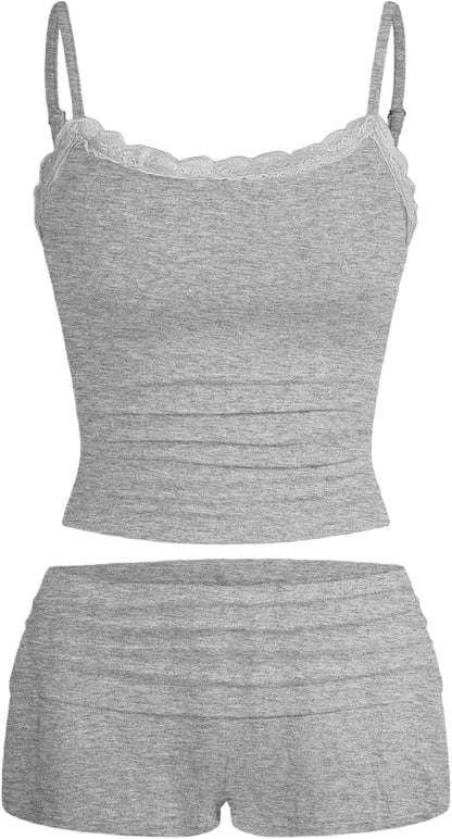Hilinker 女士性感睡衣套裝，褶皺蕾絲吊帶背心和短褲，夏季可愛睡衣兩件套