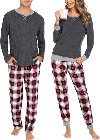 Conjuntos de pijama para parejas SWOMOG, para mujer y hombre, ropa de dormir de manga larga, top, pantalones a cuadros, conjunto de ropa de estar con bolsillos