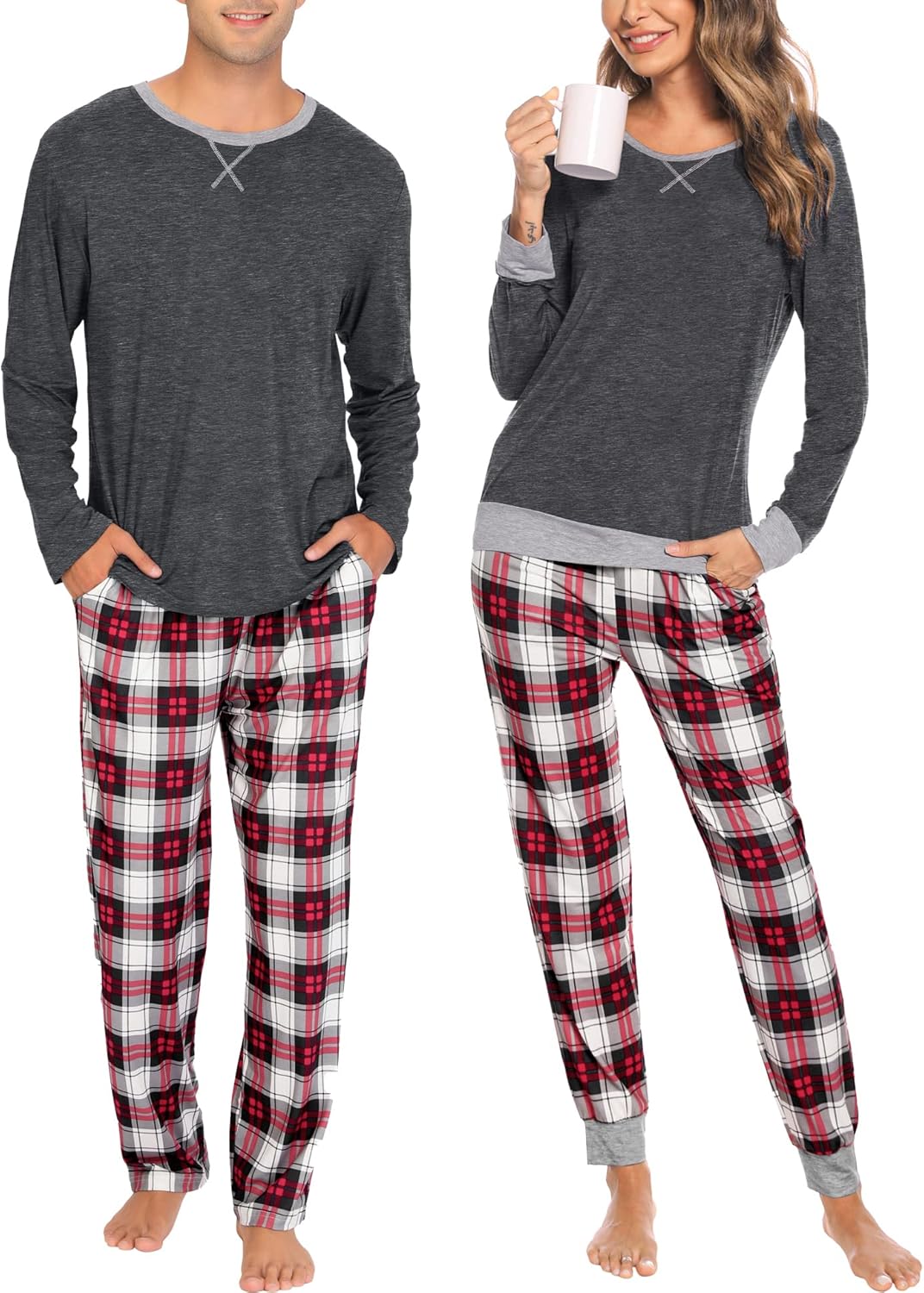 Conjuntos de pijama para parejas SWOMOG, para mujer y hombre, ropa de dormir de manga larga, top, pantalones a cuadros, conjunto de ropa de estar con bolsillos