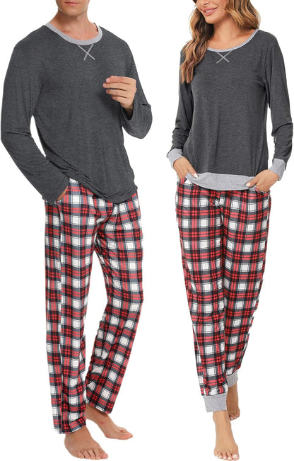 Conjuntos de pijama para parejas SWOMOG, para mujer y hombre, ropa de dormir de manga larga, top, pantalones a cuadros, conjunto de ropa de estar con bolsillos