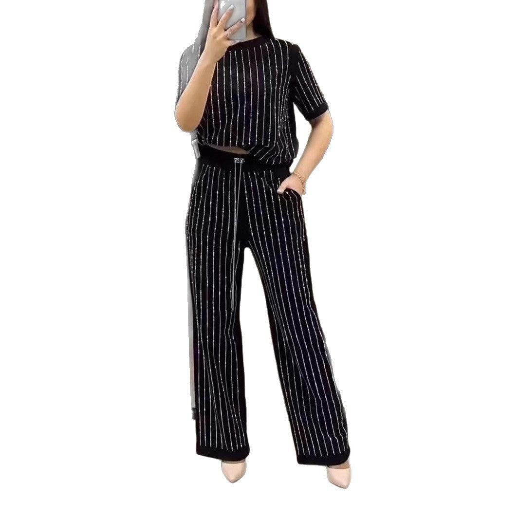 豎條紋水鑽上衣兩件套