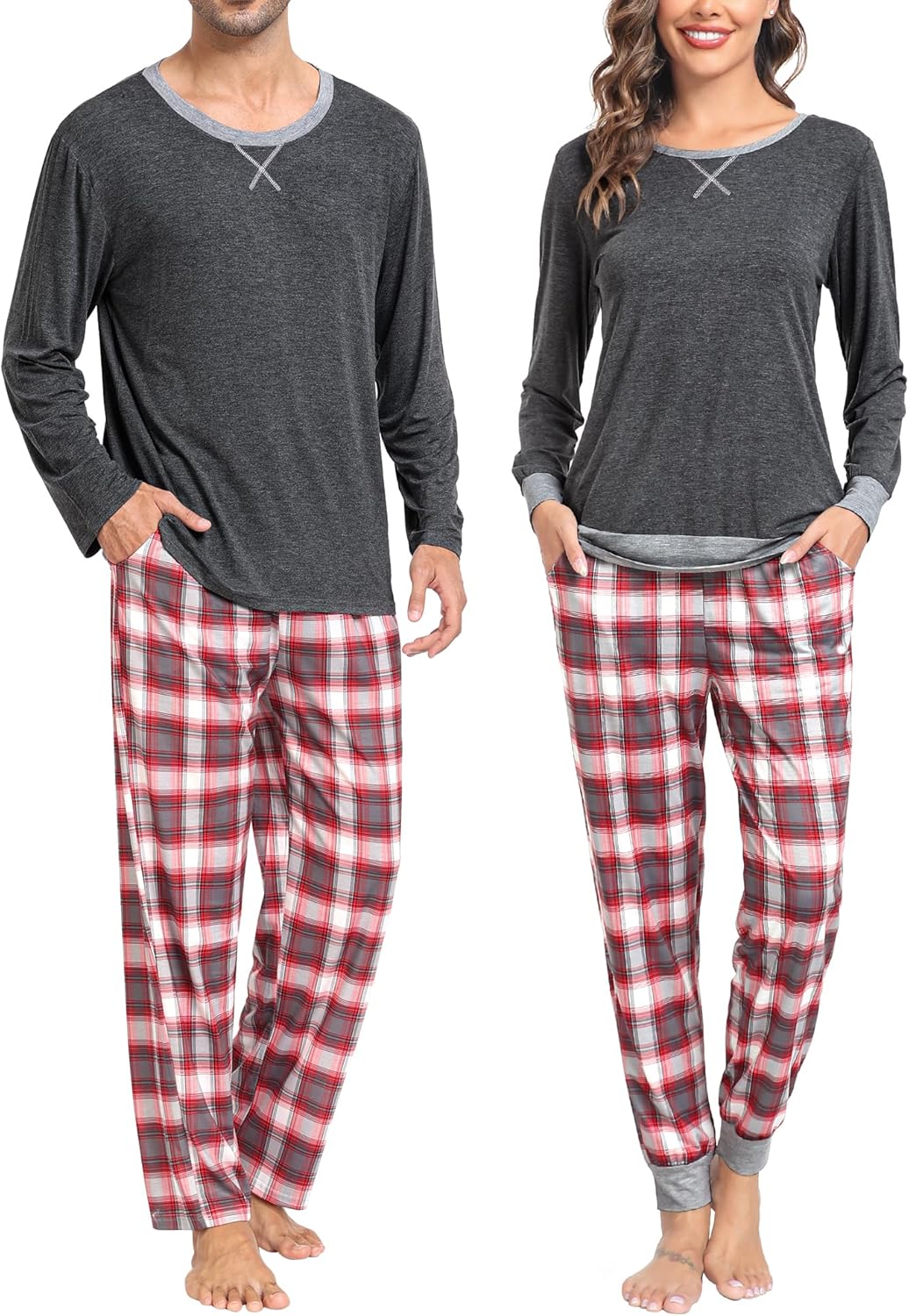 Conjuntos de pijama para parejas SWOMOG, para mujer y hombre, ropa de dormir de manga larga, top, pantalones a cuadros, conjunto de ropa de estar con bolsillos