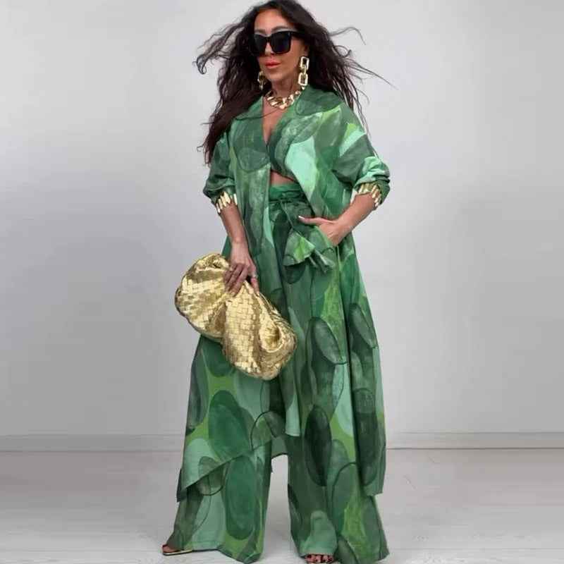 Elegant and sexy printed top+wide leg pants two-piece set