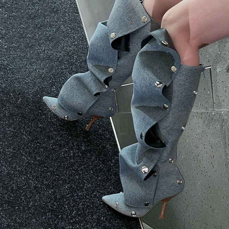 Stud Pleated Cowboy Boots : Pointed Toe High Heels