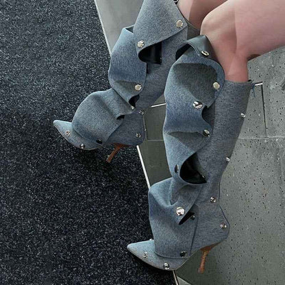Stud Pleated Cowboy Boots : Pointed Toe High Heels