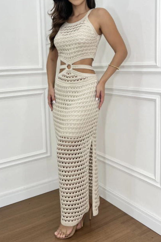 鏤空開衩圓領毛衣洋裝