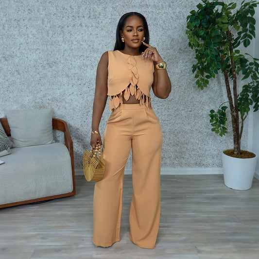 圓領休閒無袖性感上衣搭配修身長褲兩件式女裝