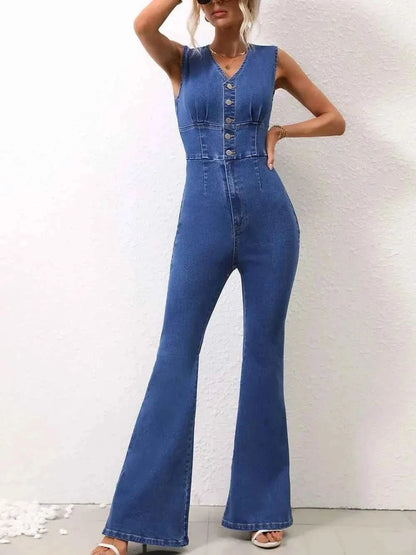 V-Neck Sleeveless : Denim Jumpsuit