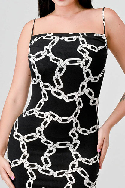 時尚鏈條印花側開衩中長洋裝