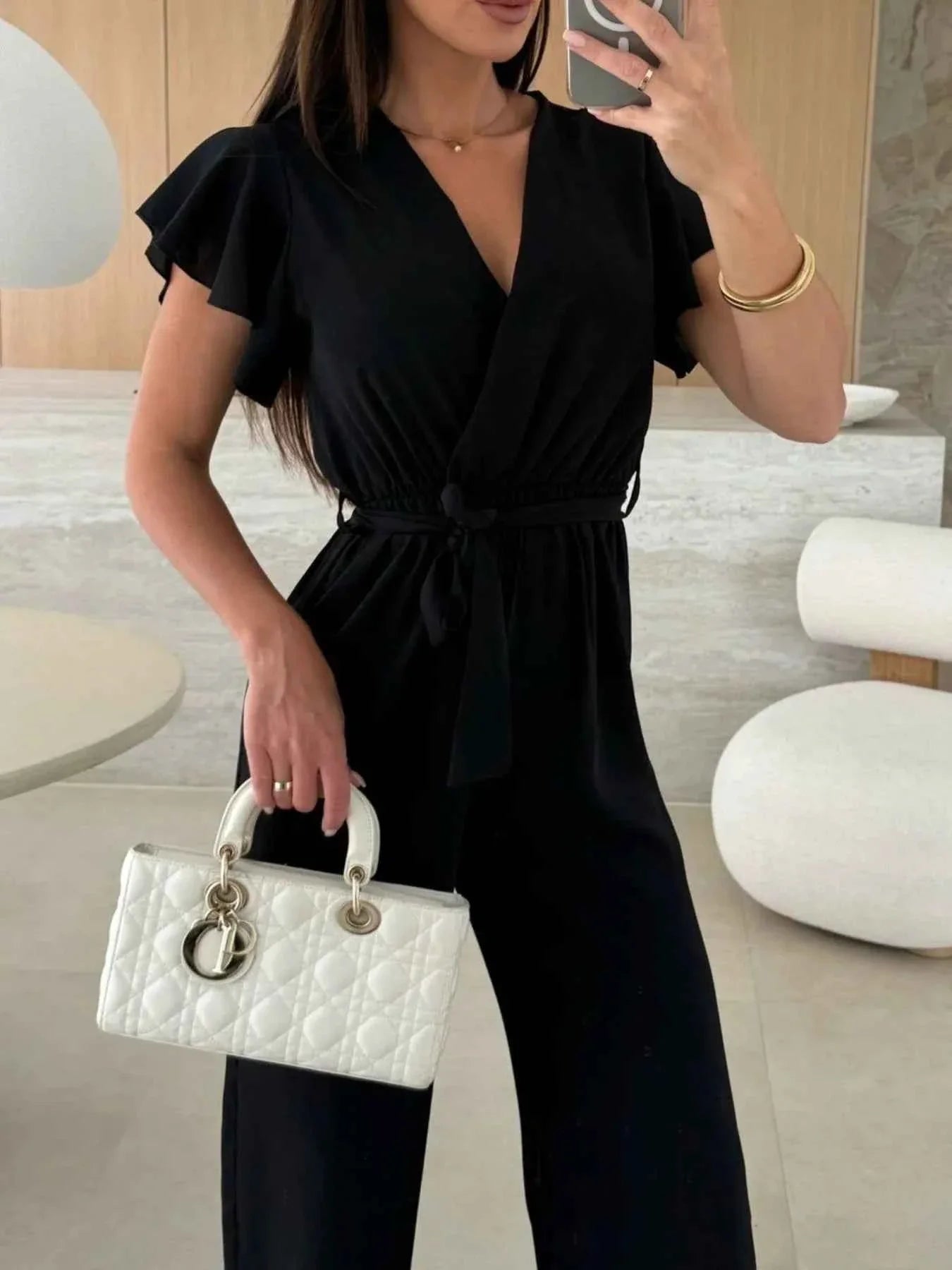 Surplice Wide Leg Belted Jumpsuit