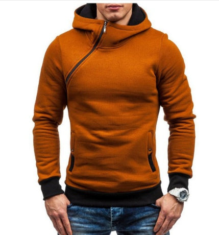 Sudadera con capucha de marca con cremallera oblicua y color liso para hombre