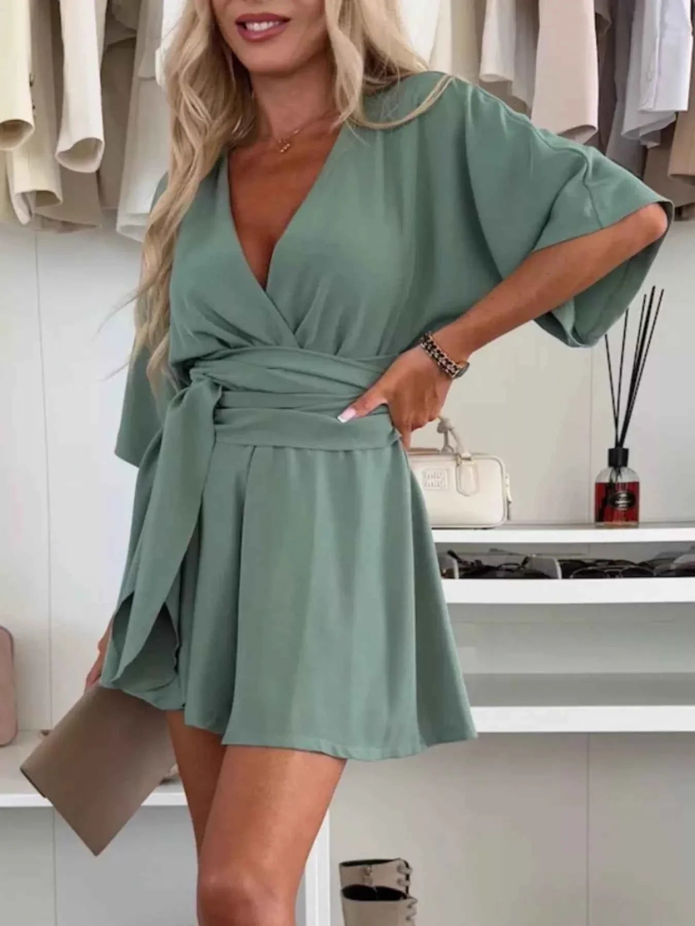 Full Size Surplice Tie Waist Romper Plus Size