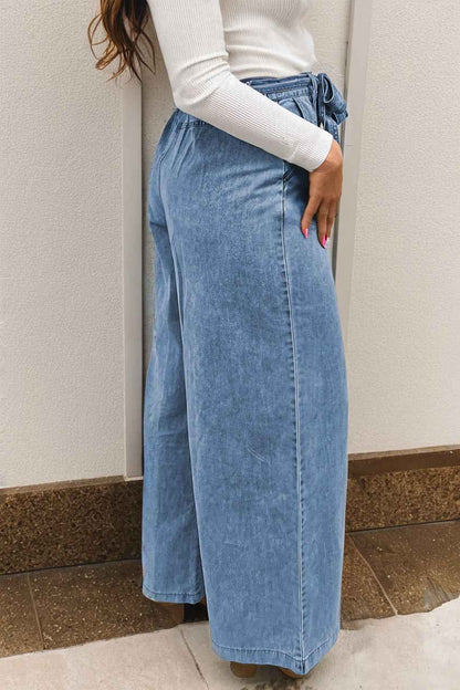 Beau Blue Western Washed Bow Knot Sash Wide Leg Jeans