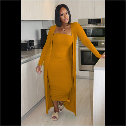 New Autumn Fashion Suit Women Solid Tube Bodycon Dress With Longline Coat Two Piece Set Casual Daily Outfits