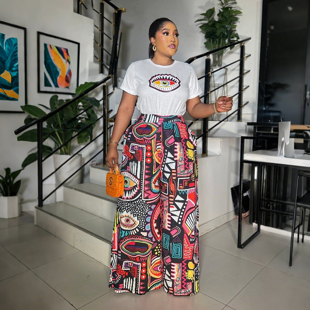 印花兩件式圓領短袖上衣寬鬆舒適長褲寬褲女裝