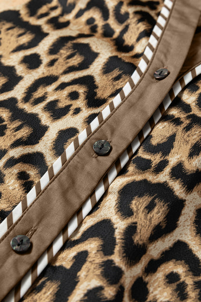 Brown Leopard Collared 3/4 Sleeve Shirt and Loose Pants Two Piece Outfit Set