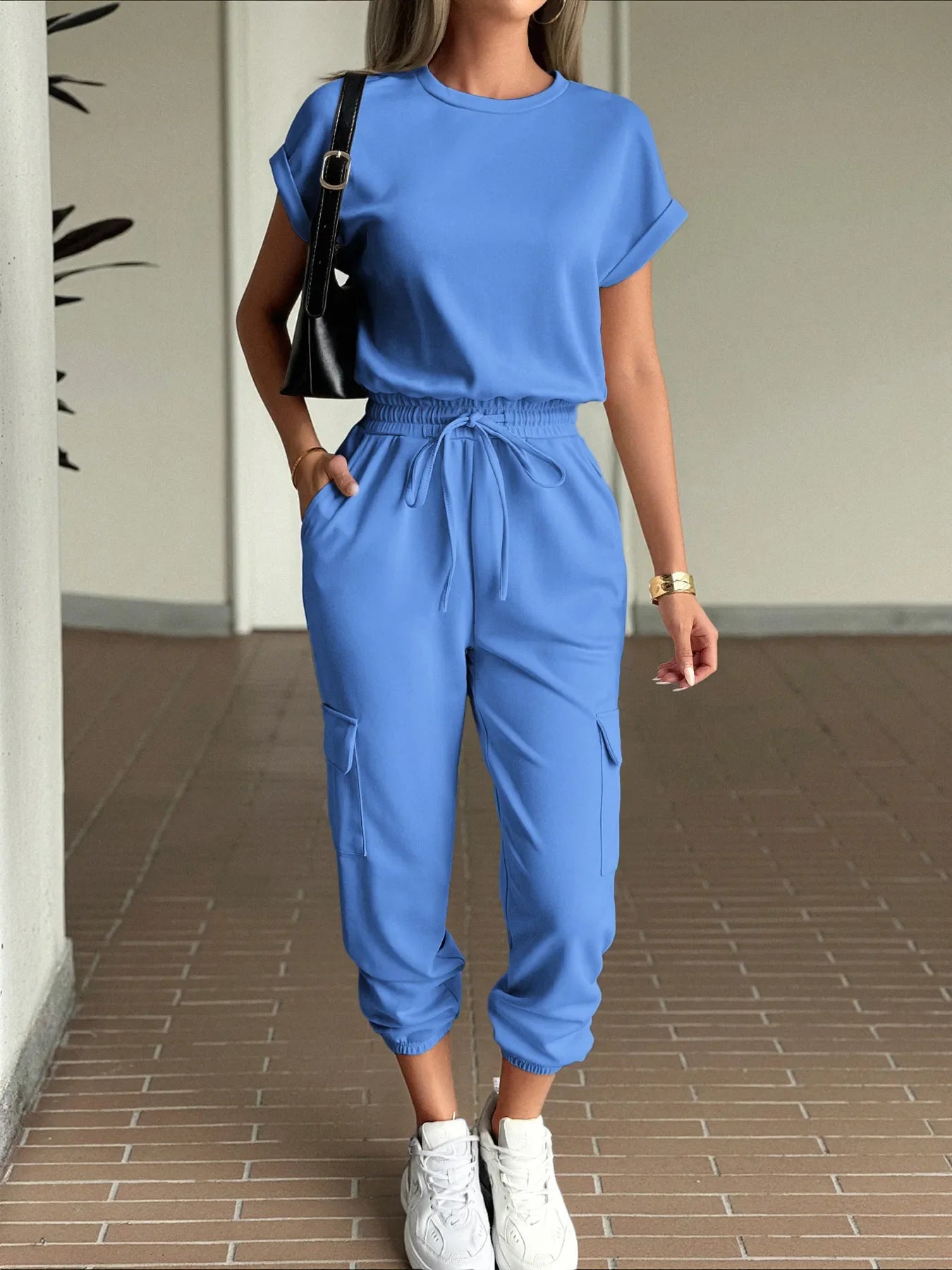 Round Neck Short Sleeve Top and Pants Set