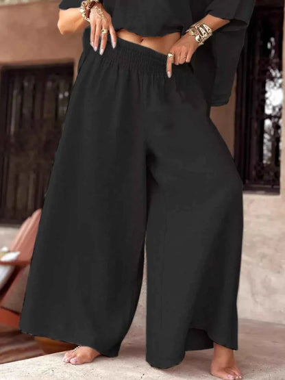 Full Size Boat Neck Top and Wide Leg Pants Set Plus Size