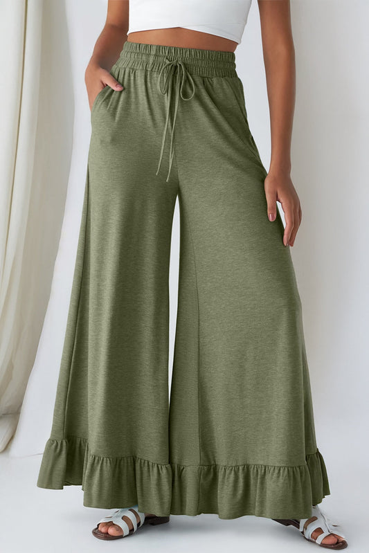 Jungle Green Ruffled Wide Leg Pull On High Waist Pants with Pockets