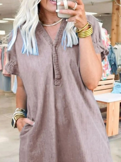 全碼V領短袖牛仔連身裙 大尺寸