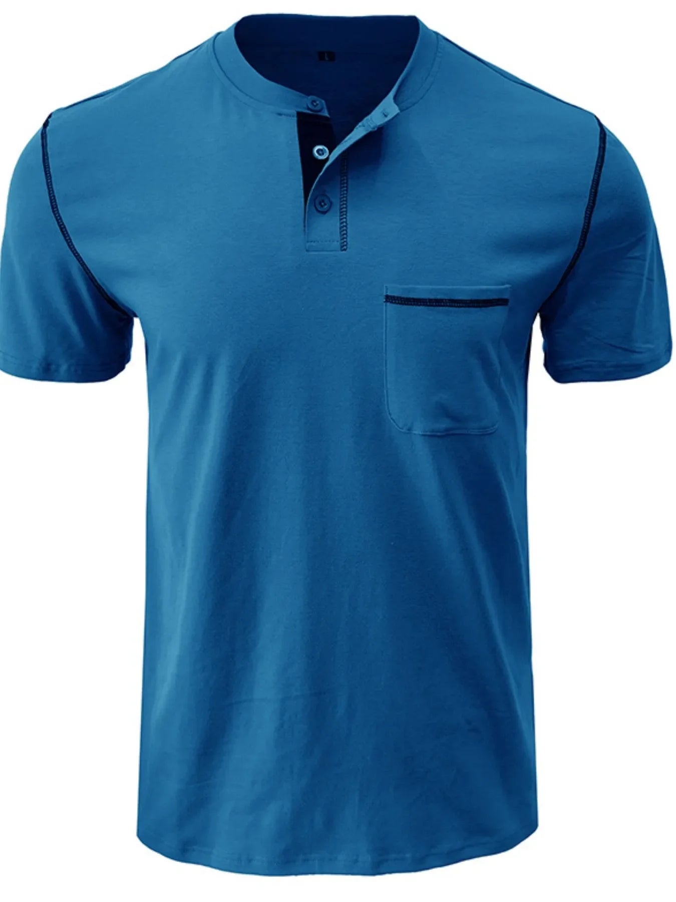 Men's Full Size Casual Henley T-Shirt with Contrast Stitching and Pocket Plus Size