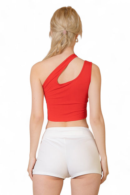 Ribbed One Shoulder Cross Strap Crop Top {BT3502}