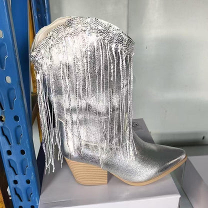 Women Vintage Chunky Heel Wrinkled Slip-on V-Opening Western Cowboy Boots