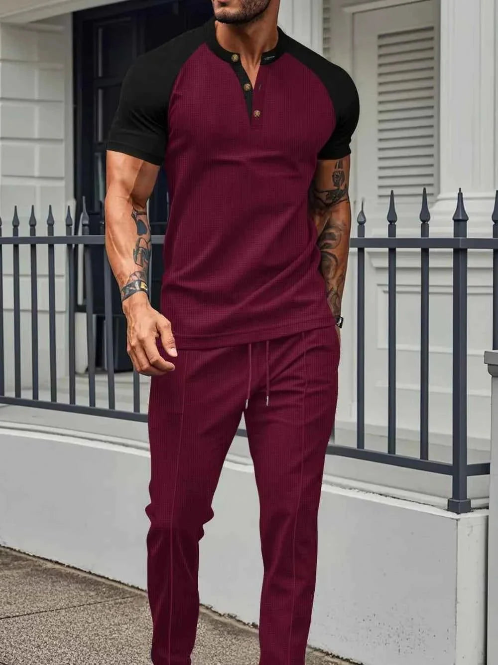 Men's Waffle-Knit Top & Drawstring Pants Set, Comfortable Men's Half Sleeve Tee