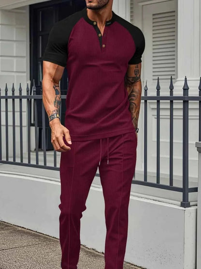 Men's Waffle-Knit Top & Drawstring Pants Set, Comfortable Men's Half Sleeve Tee