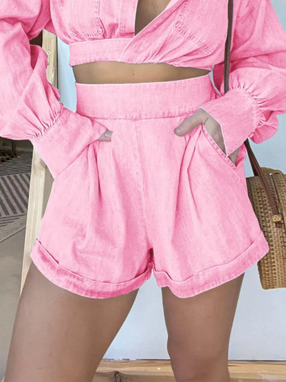 Long Sleeve Top and Shorts Denim Set Plus Size for women