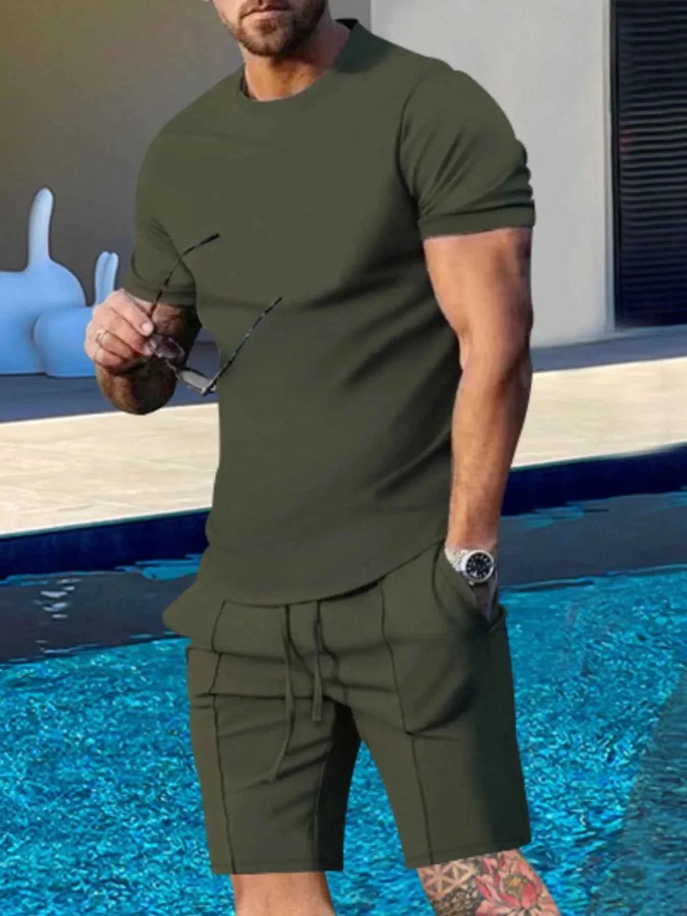 Men's Plus Size Round Neck Short Sleeve Top and Shorts Set