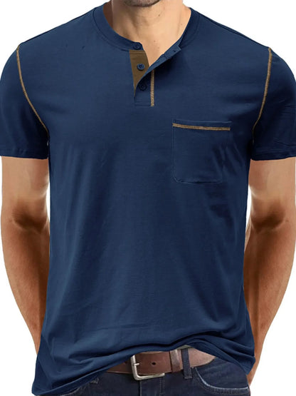 Men's Full Size Casual Henley T-Shirt with Contrast Stitching and Pocket Plus Size
